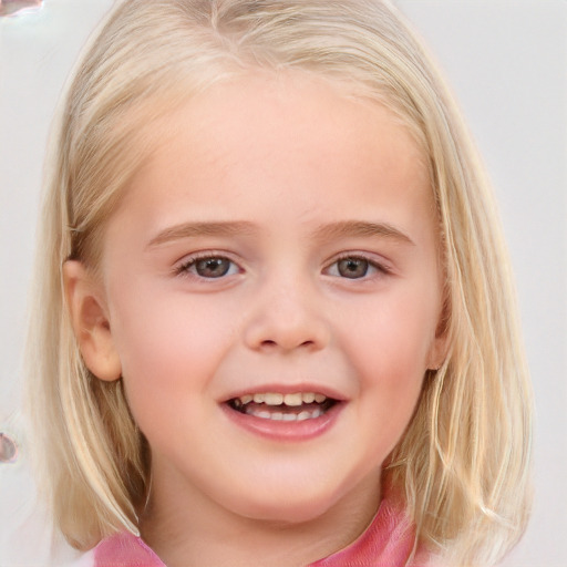 Joyful white child female with medium  brown hair and blue eyes