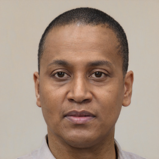 Neutral black adult male with short  black hair and brown eyes