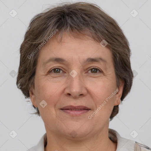 Joyful white adult female with short  brown hair and brown eyes