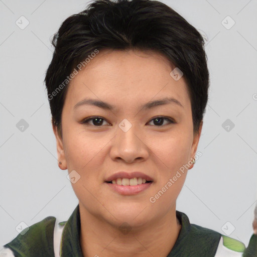 Joyful asian young-adult female with short  brown hair and brown eyes