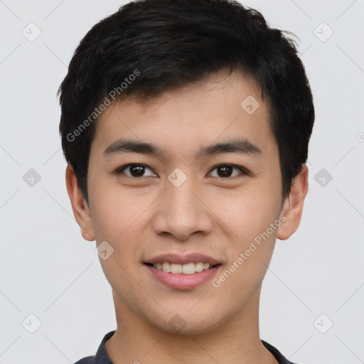 Joyful white young-adult male with short  black hair and brown eyes