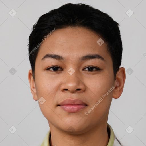 Joyful latino young-adult female with short  black hair and brown eyes