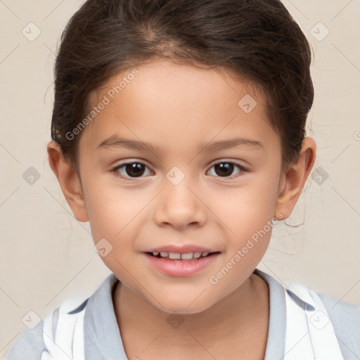 Joyful white child female with short  brown hair and brown eyes