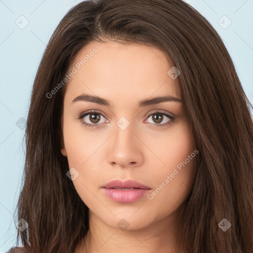 Neutral white young-adult female with long  brown hair and brown eyes