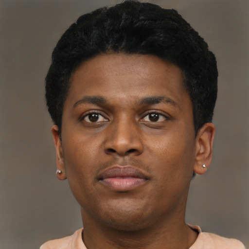 Neutral black young-adult male with short  black hair and brown eyes