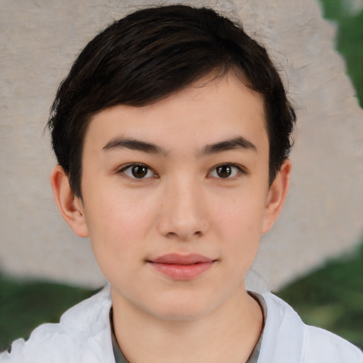 Neutral white young-adult female with short  black hair and brown eyes
