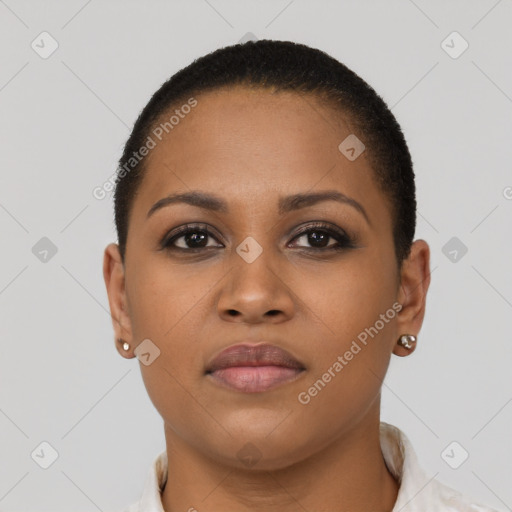 Neutral black young-adult female with short  brown hair and brown eyes