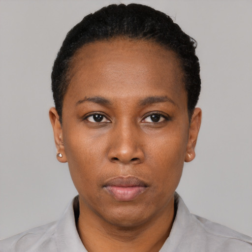 Neutral black young-adult female with short  black hair and brown eyes