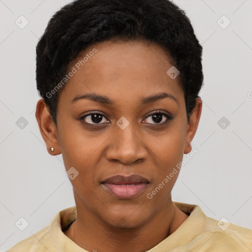 Joyful black young-adult female with short  brown hair and brown eyes