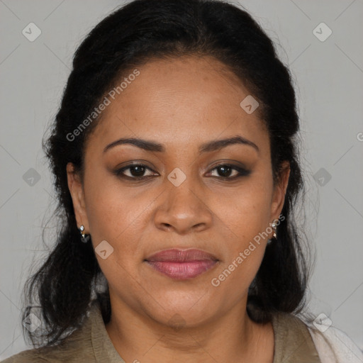 Joyful black young-adult female with medium  black hair and brown eyes