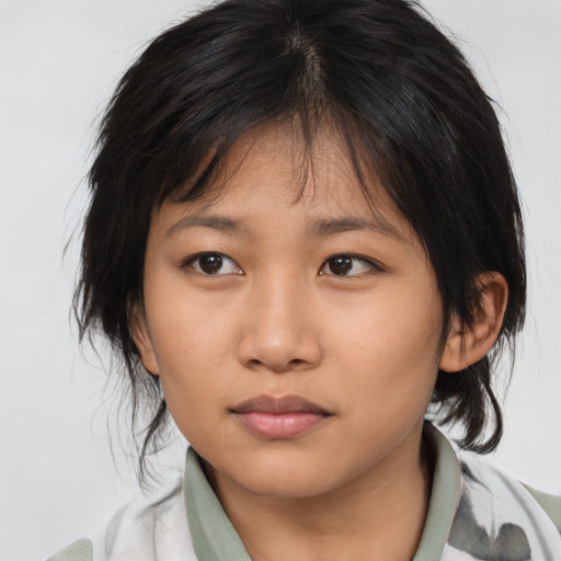 Neutral asian young-adult female with medium  brown hair and brown eyes