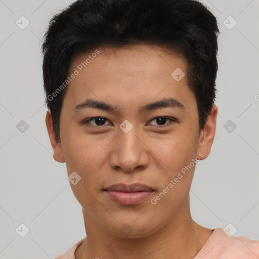 Joyful asian young-adult male with short  black hair and brown eyes