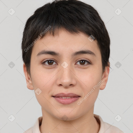 Joyful asian young-adult female with short  brown hair and brown eyes