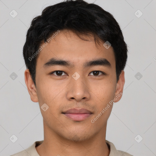 Neutral asian young-adult male with short  black hair and brown eyes