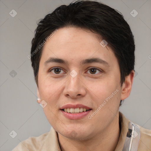 Joyful white adult female with short  brown hair and brown eyes