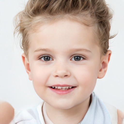 Joyful white child female with short  brown hair and brown eyes