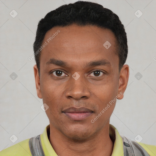 Neutral latino young-adult male with short  black hair and brown eyes