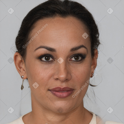 Joyful latino young-adult female with short  brown hair and brown eyes