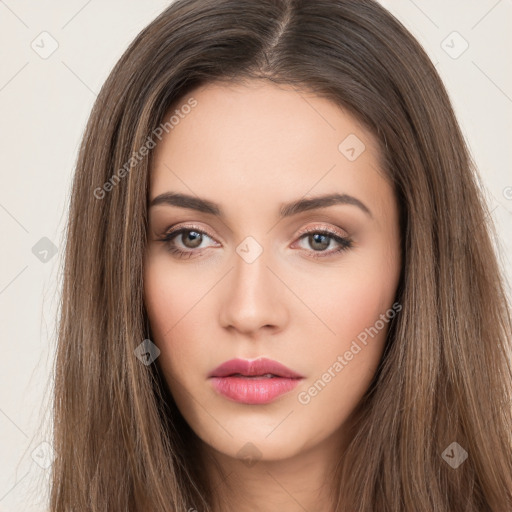 Neutral white young-adult female with long  brown hair and brown eyes