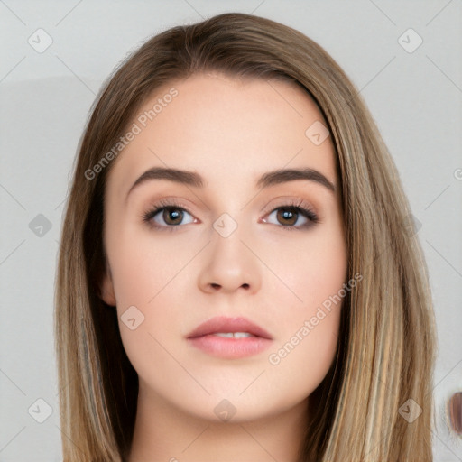 Neutral white young-adult female with long  brown hair and brown eyes