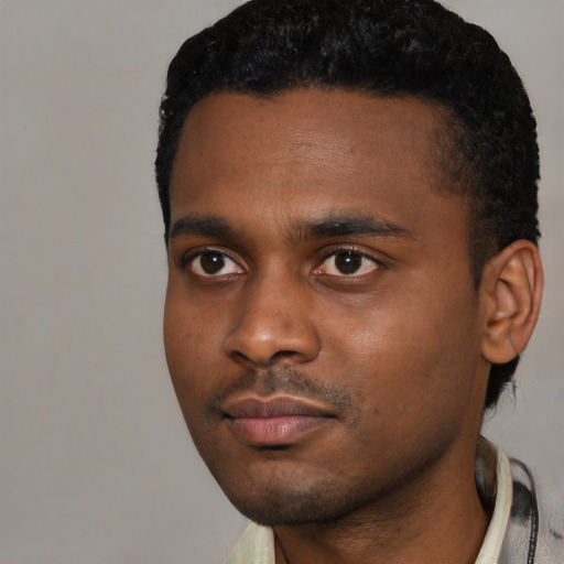Neutral black young-adult male with short  black hair and brown eyes
