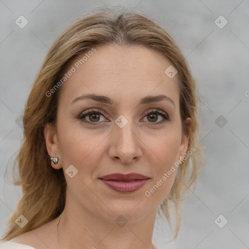 Joyful white young-adult female with medium  brown hair and brown eyes