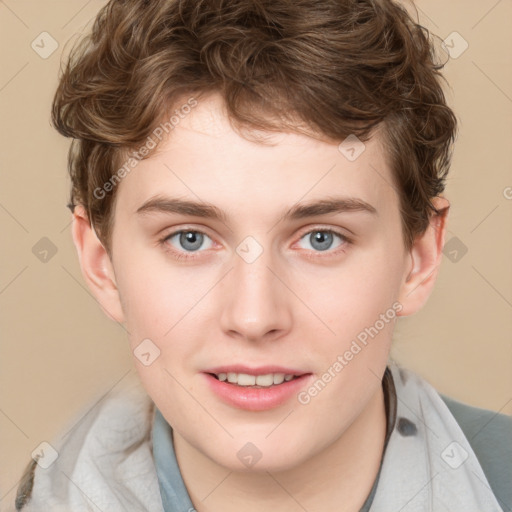 Joyful white young-adult male with medium  brown hair and brown eyes