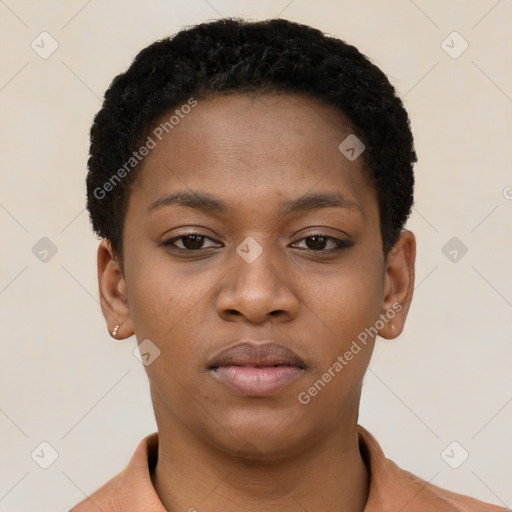 Neutral black young-adult female with short  brown hair and brown eyes