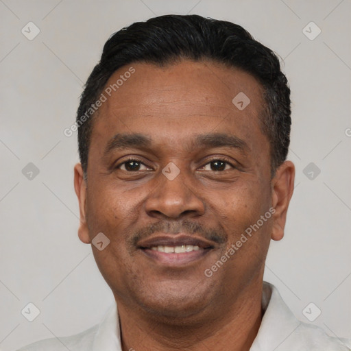 Joyful black adult male with short  black hair and brown eyes