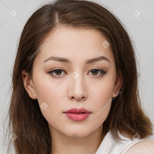 Neutral white young-adult female with long  brown hair and brown eyes