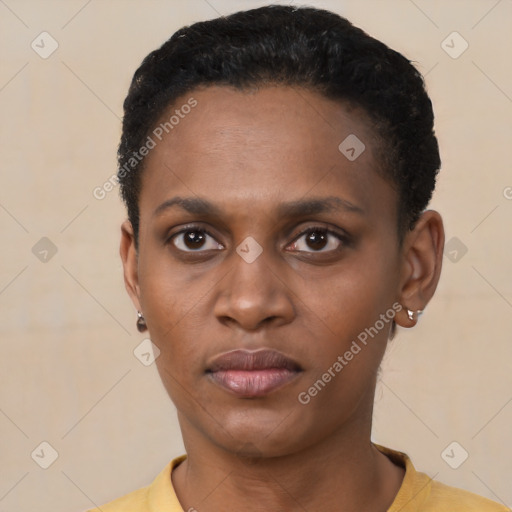 Neutral black young-adult female with short  black hair and brown eyes