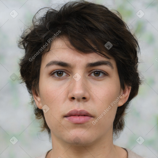 Neutral white young-adult female with medium  brown hair and brown eyes