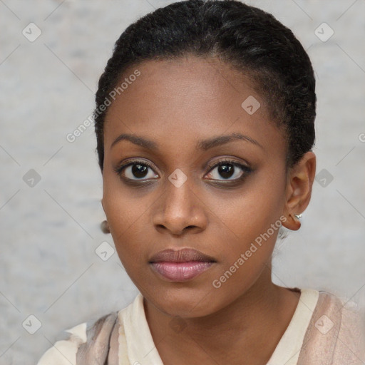 Neutral black young-adult female with short  brown hair and brown eyes