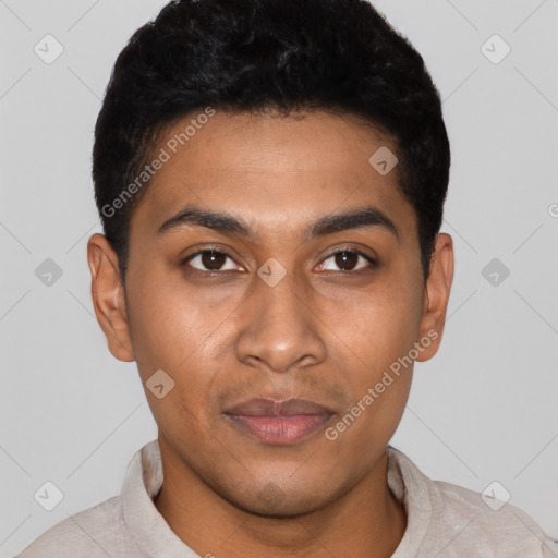 Joyful latino young-adult male with short  black hair and brown eyes