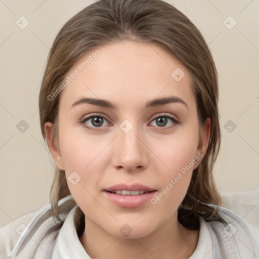 Neutral white young-adult female with medium  brown hair and brown eyes