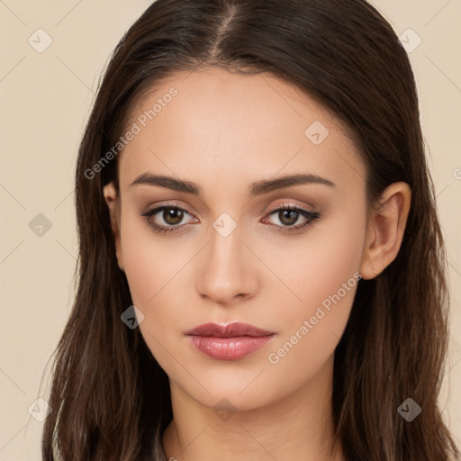 Neutral white young-adult female with long  brown hair and brown eyes