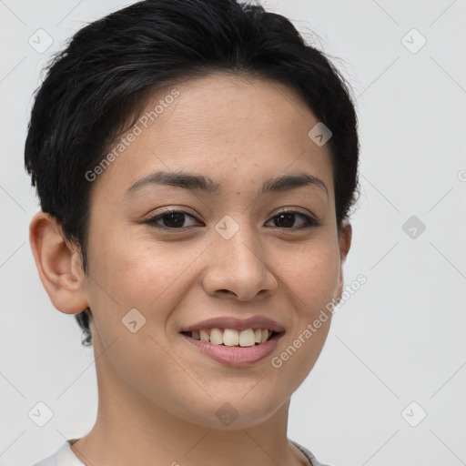 Joyful white young-adult female with short  brown hair and brown eyes