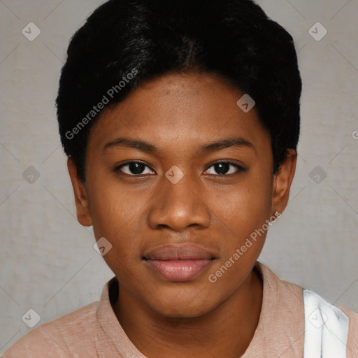 Neutral black young-adult female with short  black hair and brown eyes