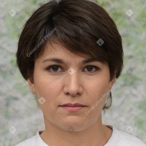 Neutral white young-adult female with medium  brown hair and brown eyes