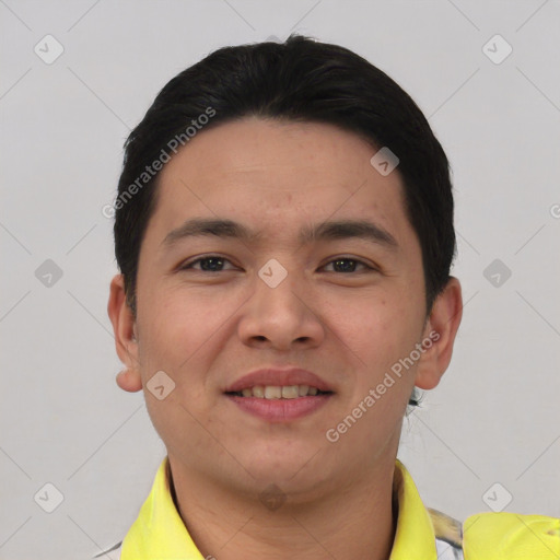 Joyful asian young-adult male with short  black hair and brown eyes