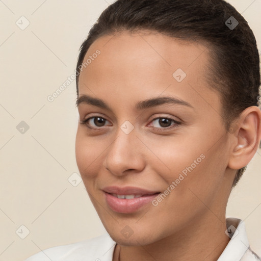 Joyful white young-adult female with short  brown hair and brown eyes