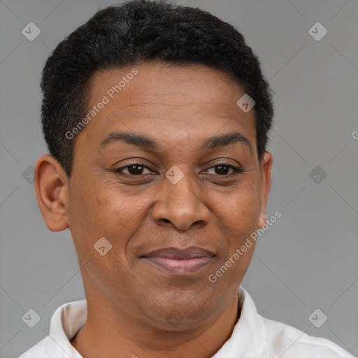 Joyful latino adult male with short  brown hair and brown eyes