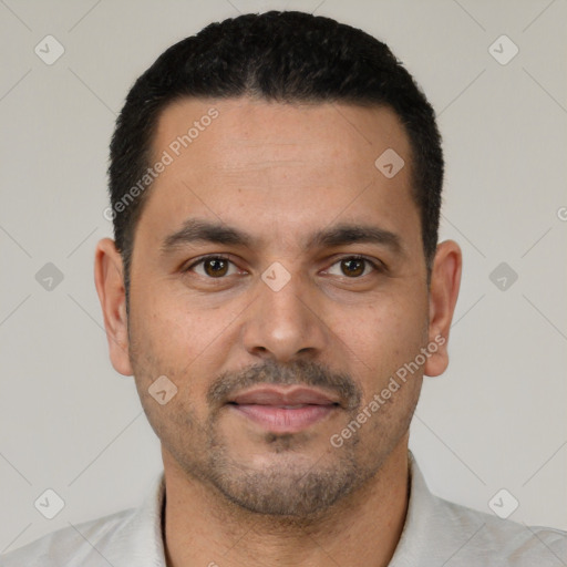 Neutral white young-adult male with short  black hair and brown eyes