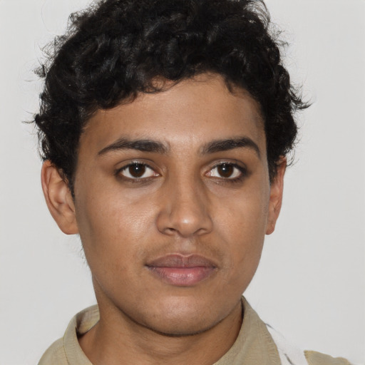 Neutral latino young-adult male with short  brown hair and brown eyes