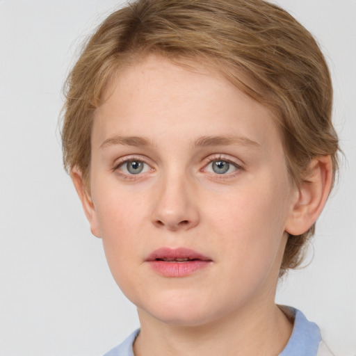 Neutral white young-adult female with short  brown hair and blue eyes