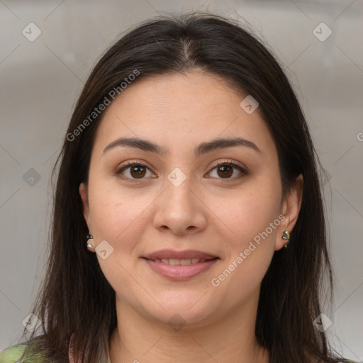 Joyful white young-adult female with long  brown hair and brown eyes