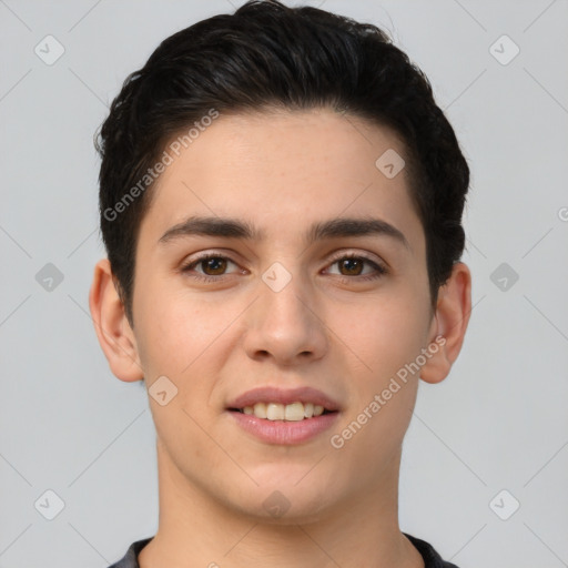 Joyful white young-adult male with short  brown hair and brown eyes