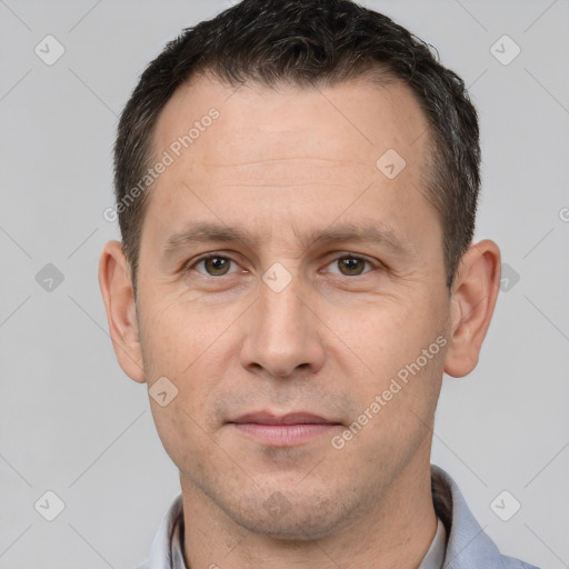 Neutral white adult male with short  brown hair and brown eyes