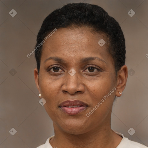 Joyful latino adult female with short  brown hair and brown eyes