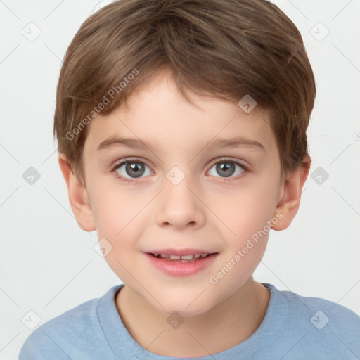 Joyful white child male with short  brown hair and grey eyes